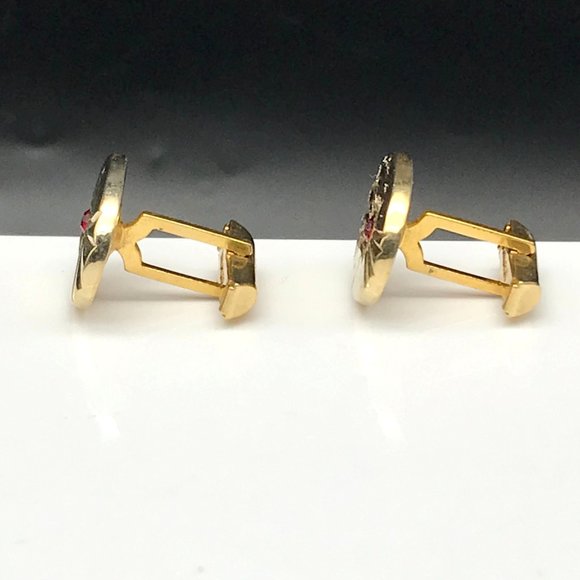 Vintage Oval Cuff Links, Dapper Gold Tone with Red Accent Crystal, Gift for Him - Picture 2 of 5